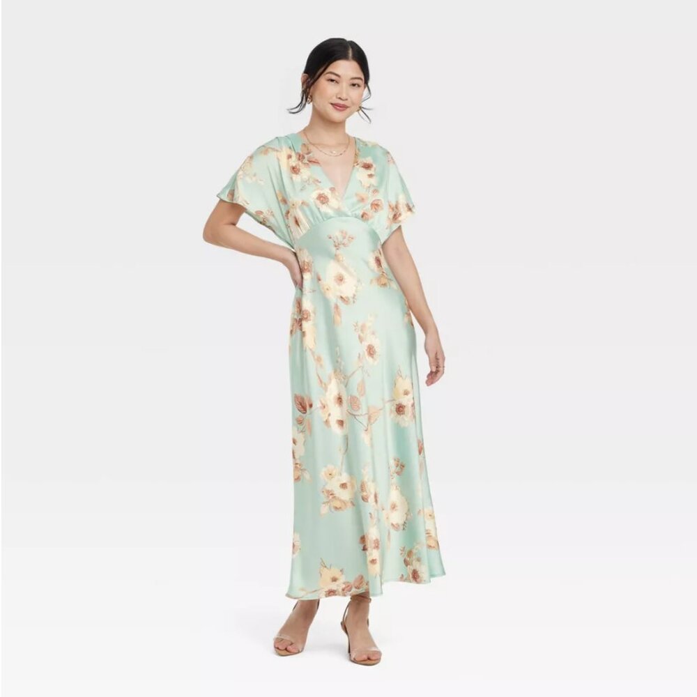 A New Day Women's Satin Flutter Short Sleeve Maxi A-Line Dress • Mint Floral